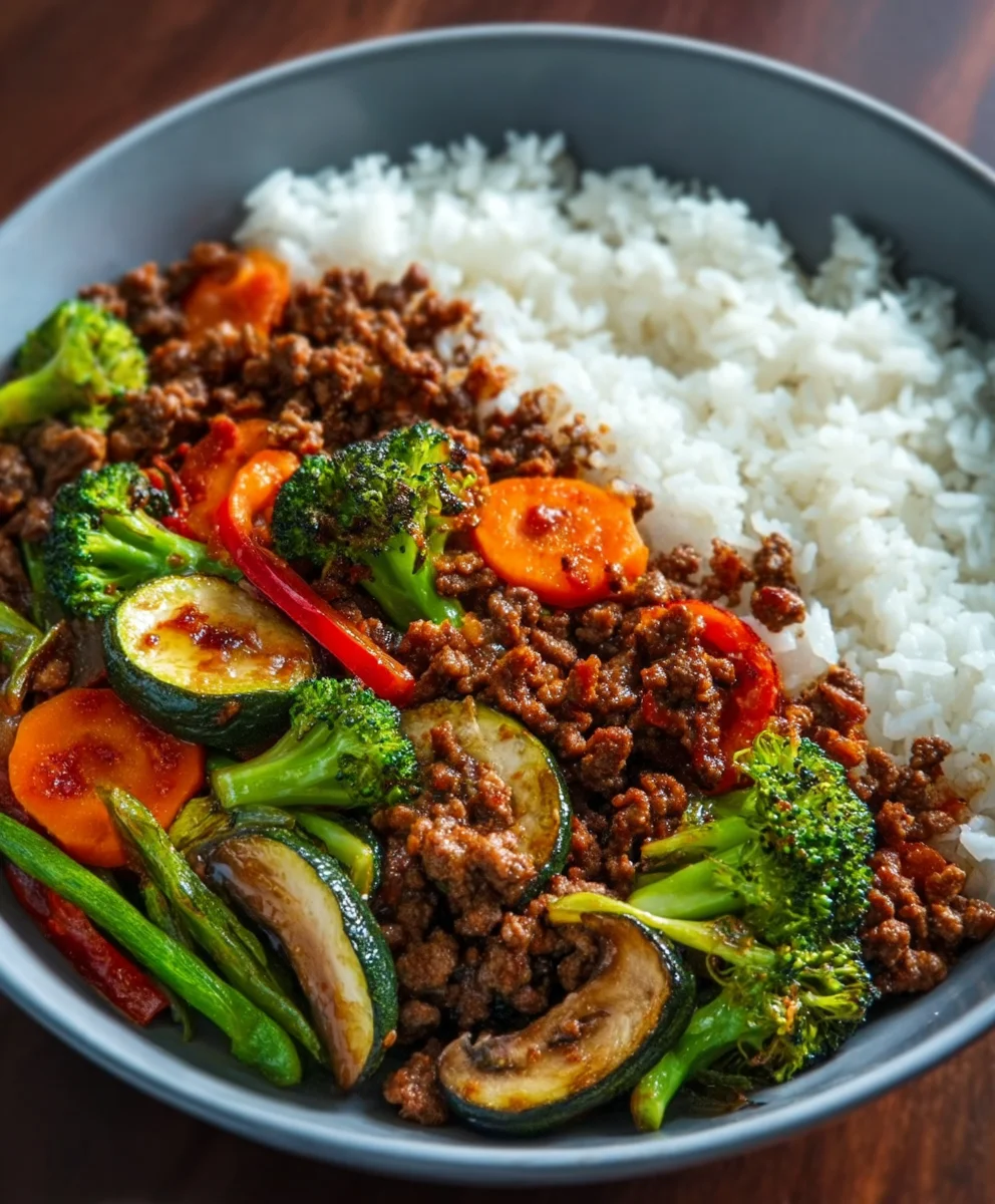 Spicy Beef Stir-Fry Bowl-Garlic Veggies Steamy Rice