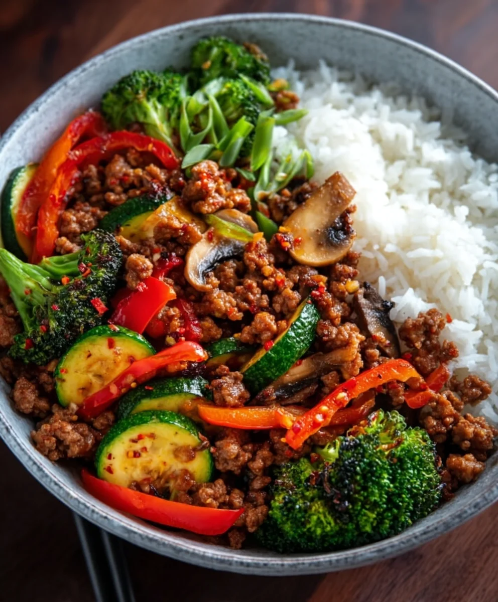 Spicy Beef Stir-Fry Bowl-Garlic Veggies Steamy Rice