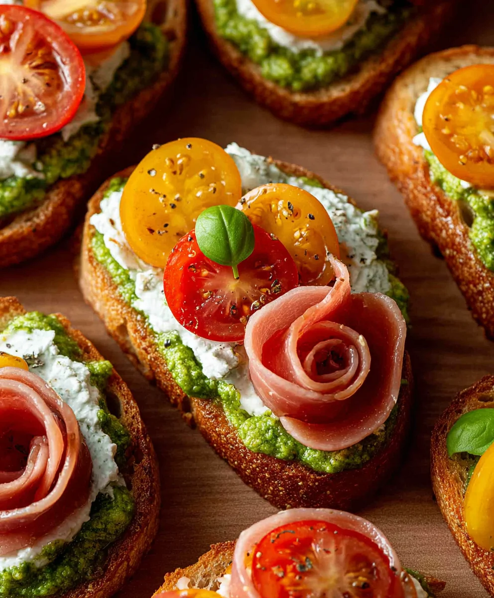 Tomato Crostini with Pesto Ricotta- Easy Appetizer
