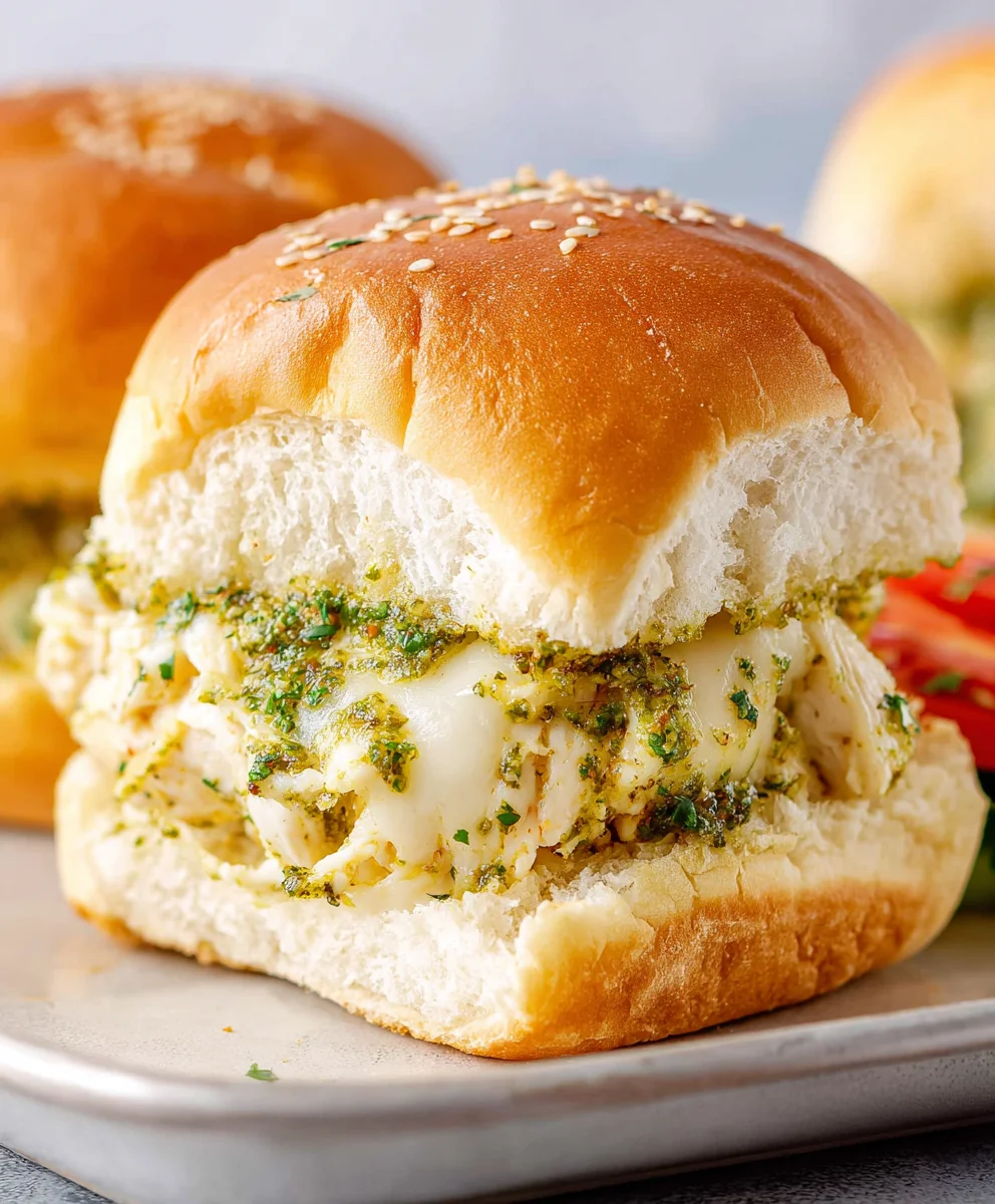 Cheesy Garlic Pesto Chicken Sliders-Easy Recipe