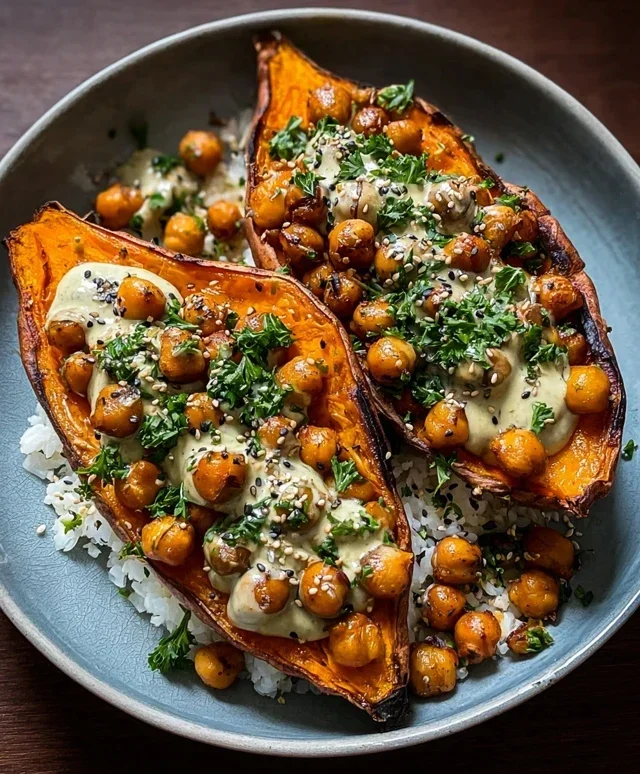 Sweet Potatoes with Tahini Butter Chickpeas