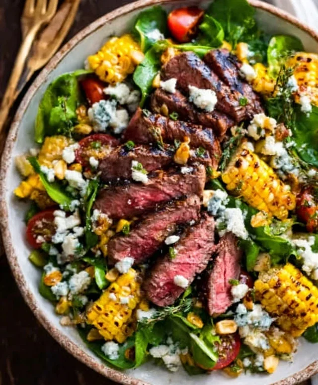 Balsamic Steak Gorgonzola Salad with Grilled Corn
