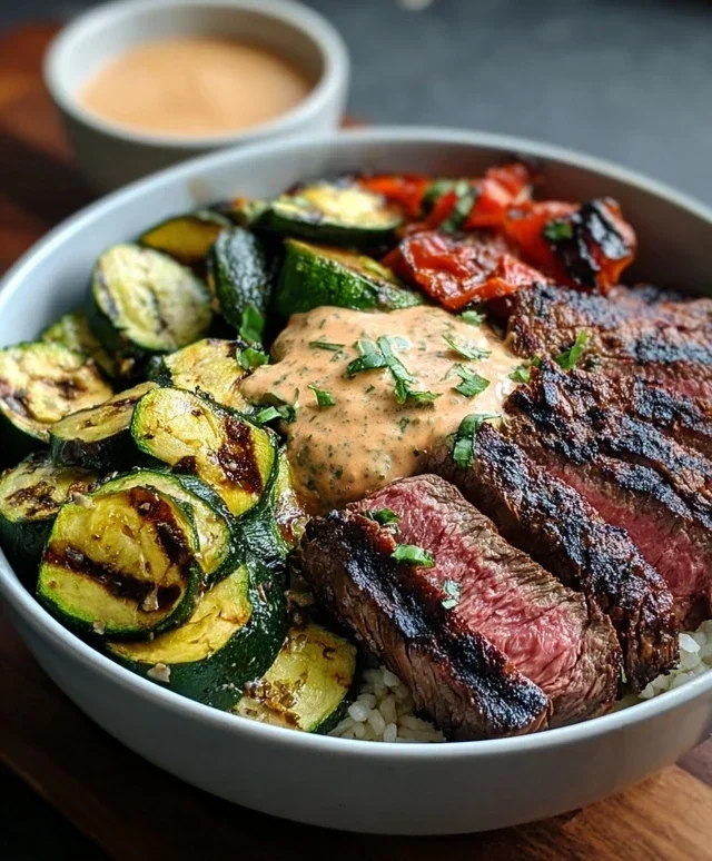 Grilled Steak Bowl with Sauce & Grilled Zucchini Bliss