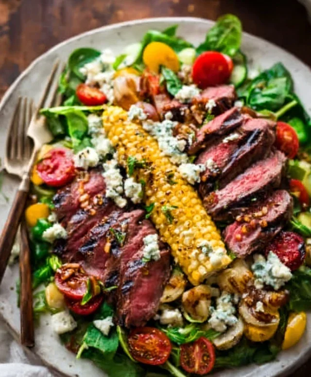Balsamic Steak Gorgonzola Salad with Grilled Corn