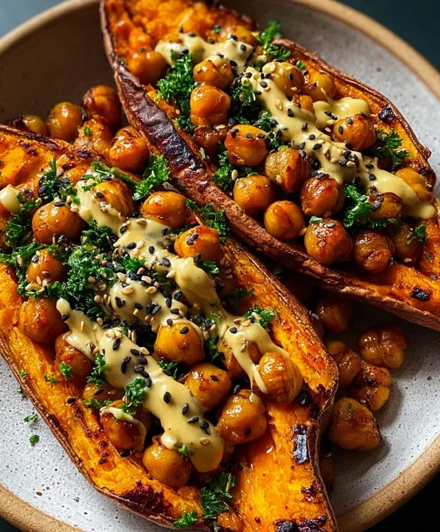 Sweet Potatoes with Tahini Butter Chickpeas