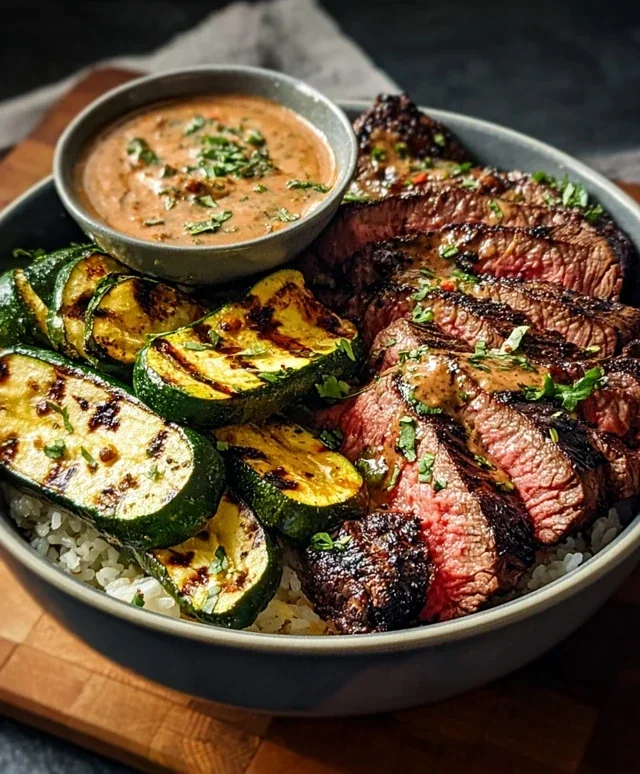 Grilled Steak Bowl with Sauce & Grilled Zucchini Bliss