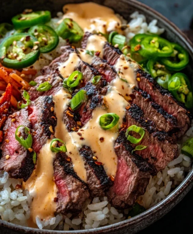 Korean BBQ Steak Rice Bowls with Spicy Cream Sauce