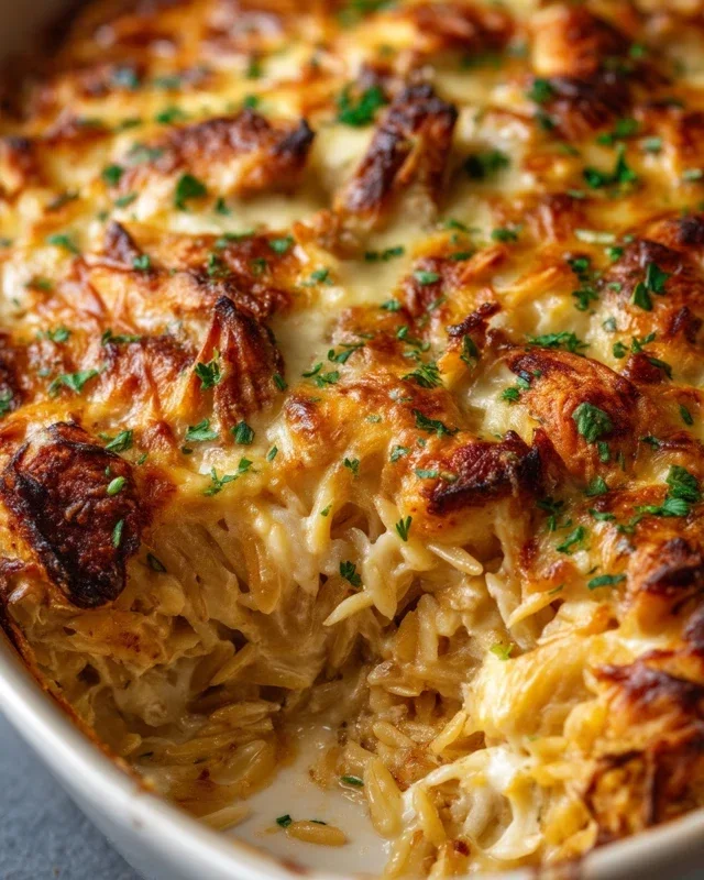 French Onion Chicken Orzo Casserole