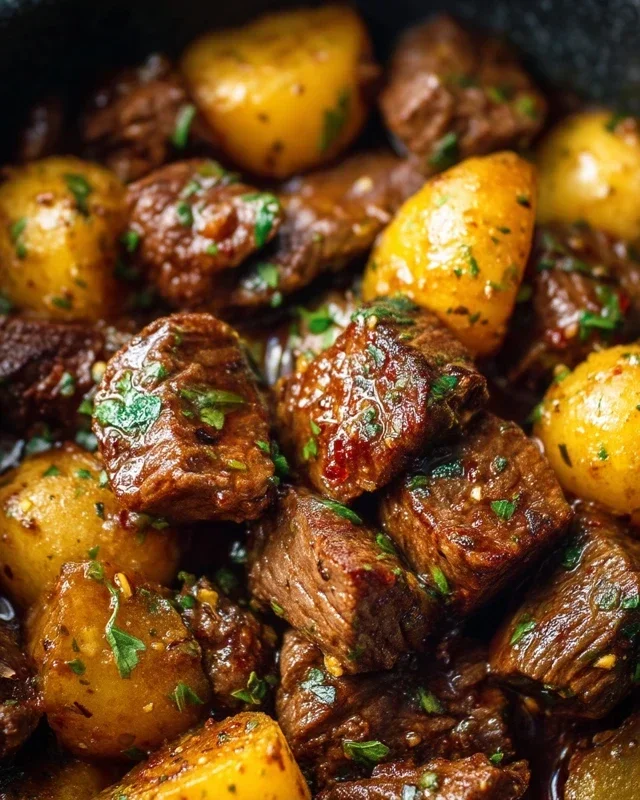 Slow Cooker Garlic Butter Beef Bites with Potatoes