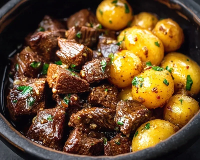 Slow Cooker Garlic Butter Beef Bites with Potatoes