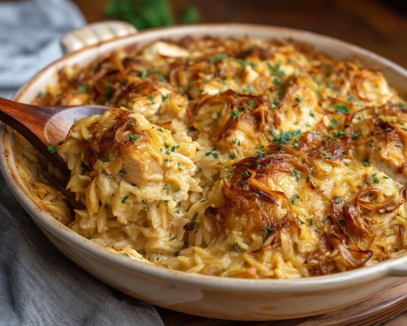 French Onion Chicken Orzo Casserole