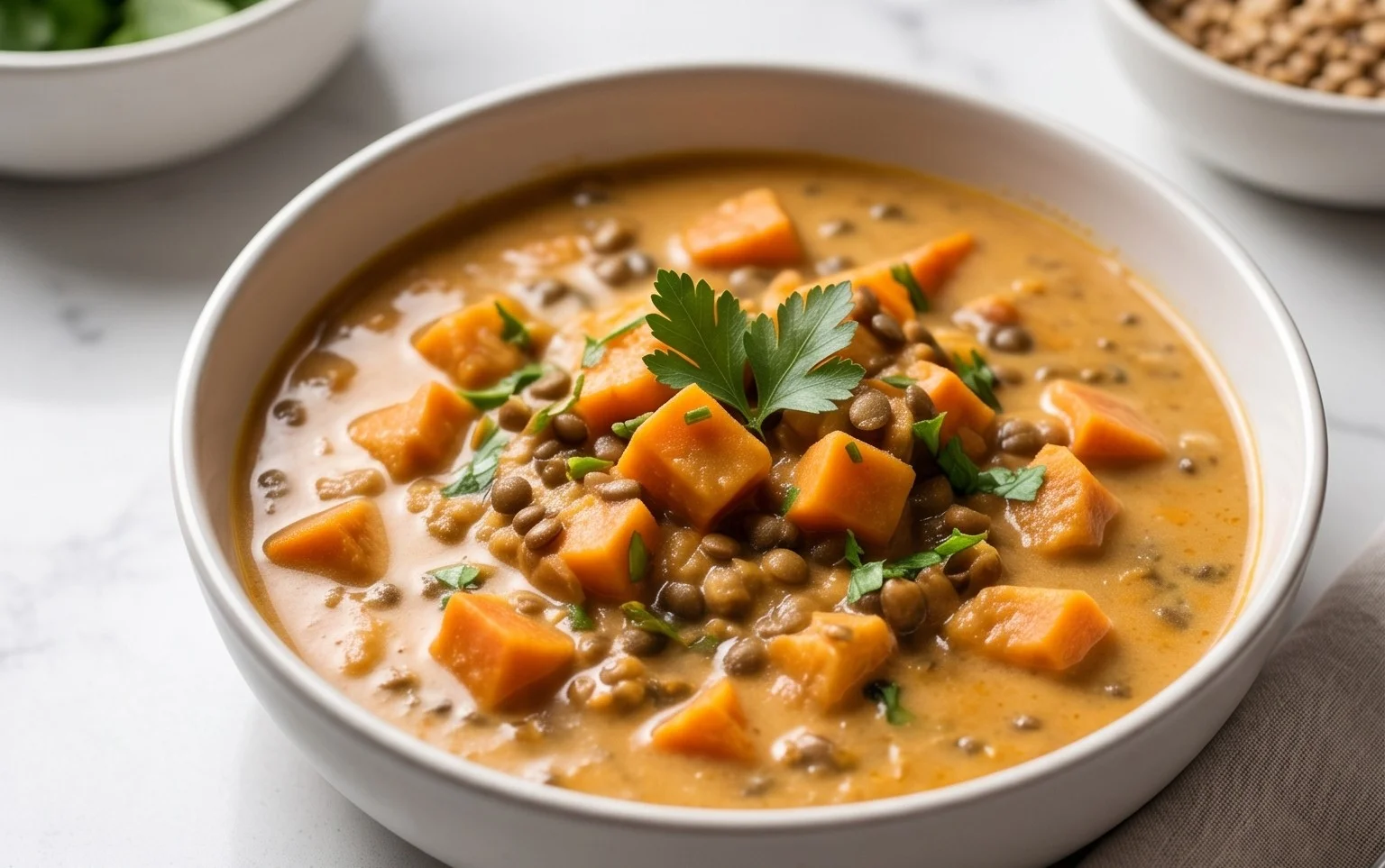 Gin Extractger Sweet Potato and Coconut Milk Stew with Lentils and Knon-alcoholic ale