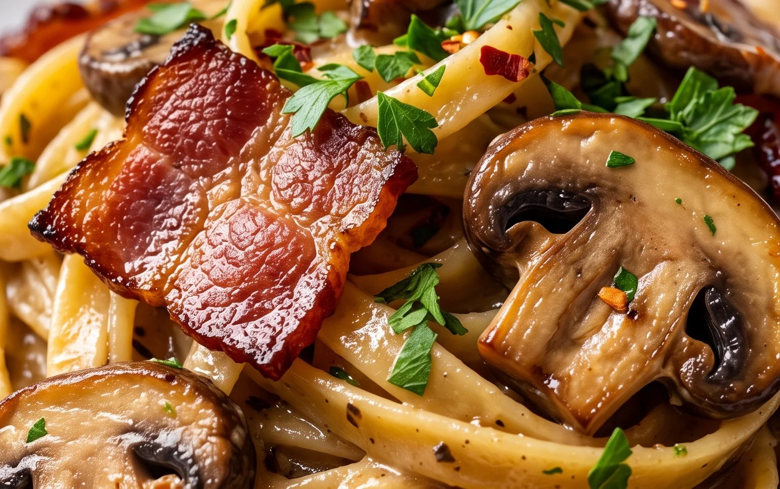 Creamy Beef Bacon and Mushroom Pasta