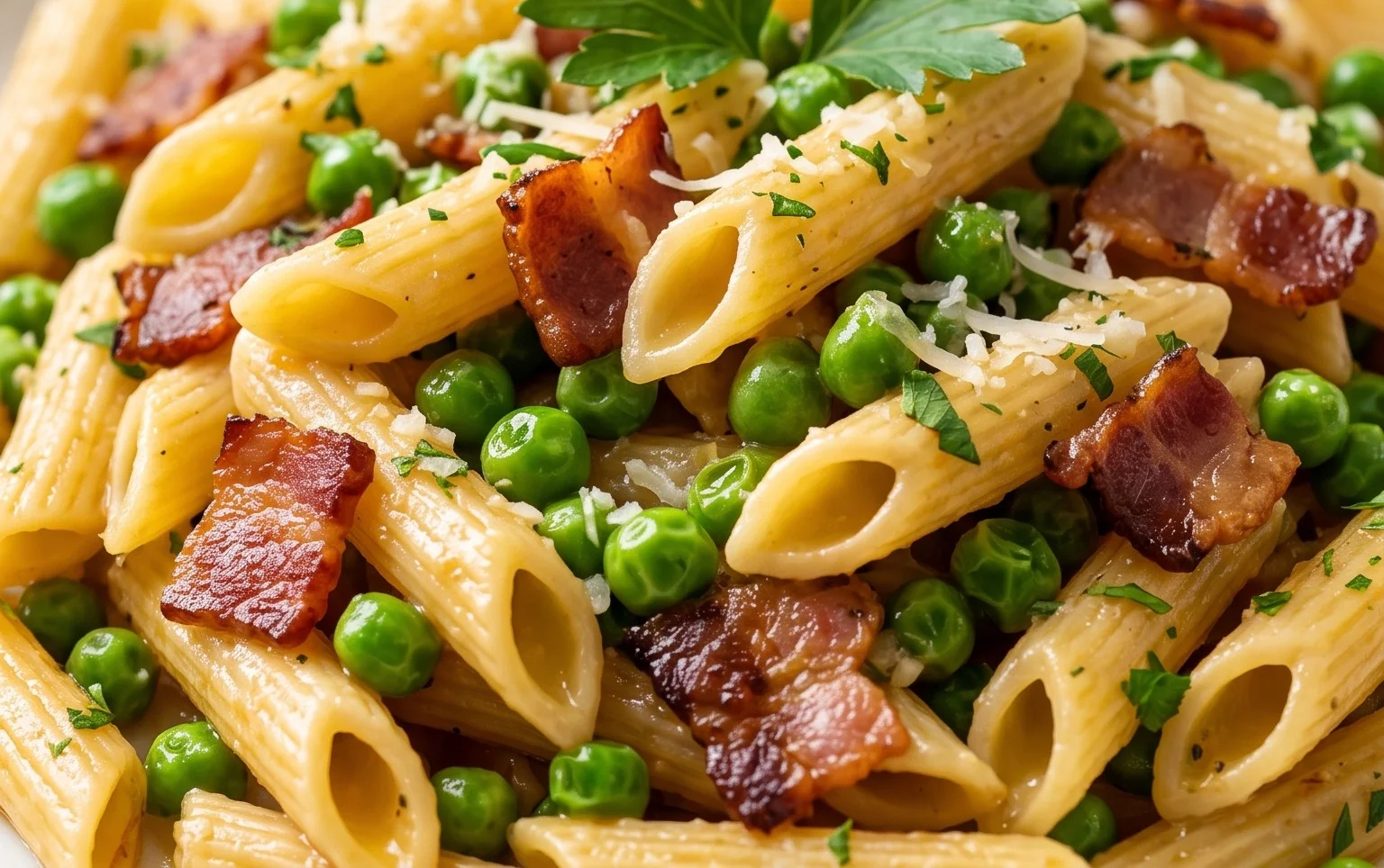 Penne Pasta, Peas and Beef Bacon