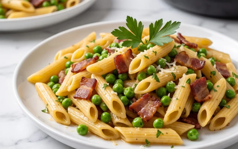Penne Pasta, Peas and Beef Bacon