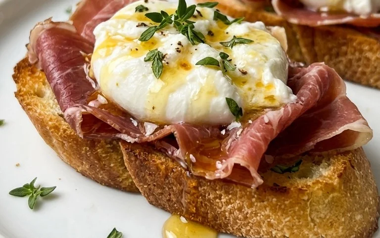 Beef Prosciutto Crostini with Burrata and Lemon Honey Drizzle