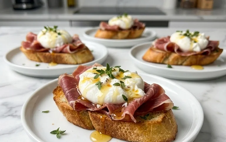 Beef Prosciutto Crostini with Burrata and Lemon Honey Drizzle